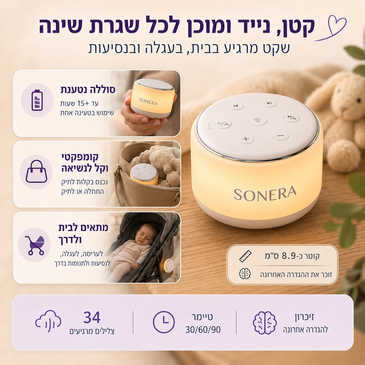 SONERA™ - מנורת רעש לבן לשינה עמוקה ורצופה